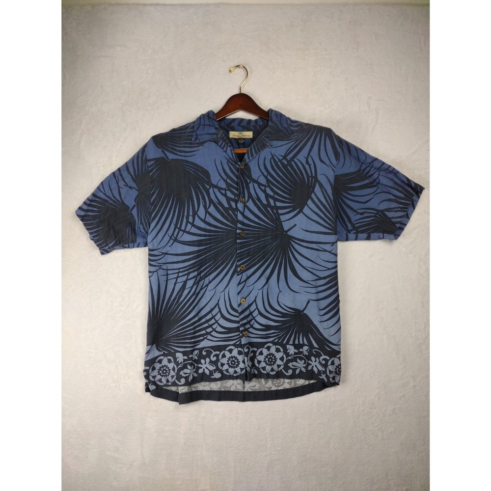 Tommy Bahama Mens Blue Silk Palm Leaf Print Camp‎ Shirt Medium Coconut Buttons